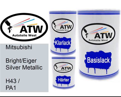 Mitsubishi, Bright/Eiger Silver Metallic, H43 / PA1: 500ml Lackdose + 500ml Klarlack + 250ml Härter - Set, von ATW Autoteile West.